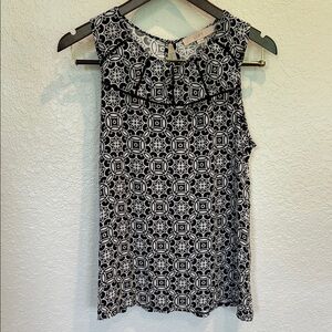 LOFT Black and White Ruffled Sleeveless Blouse